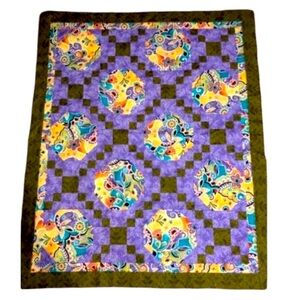 Handmade Quilt top New fabric purple, turquoise, brown, yellow beautifu colors